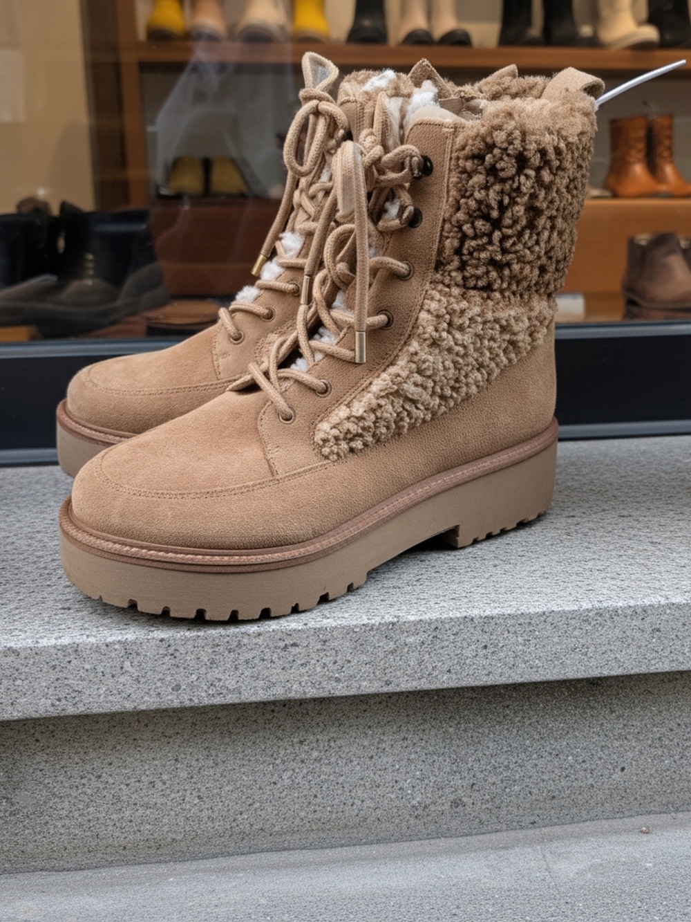 New Sam Edelman Elliott Tan Suede Lace-Up Platform Sherpa Combat Boots 9